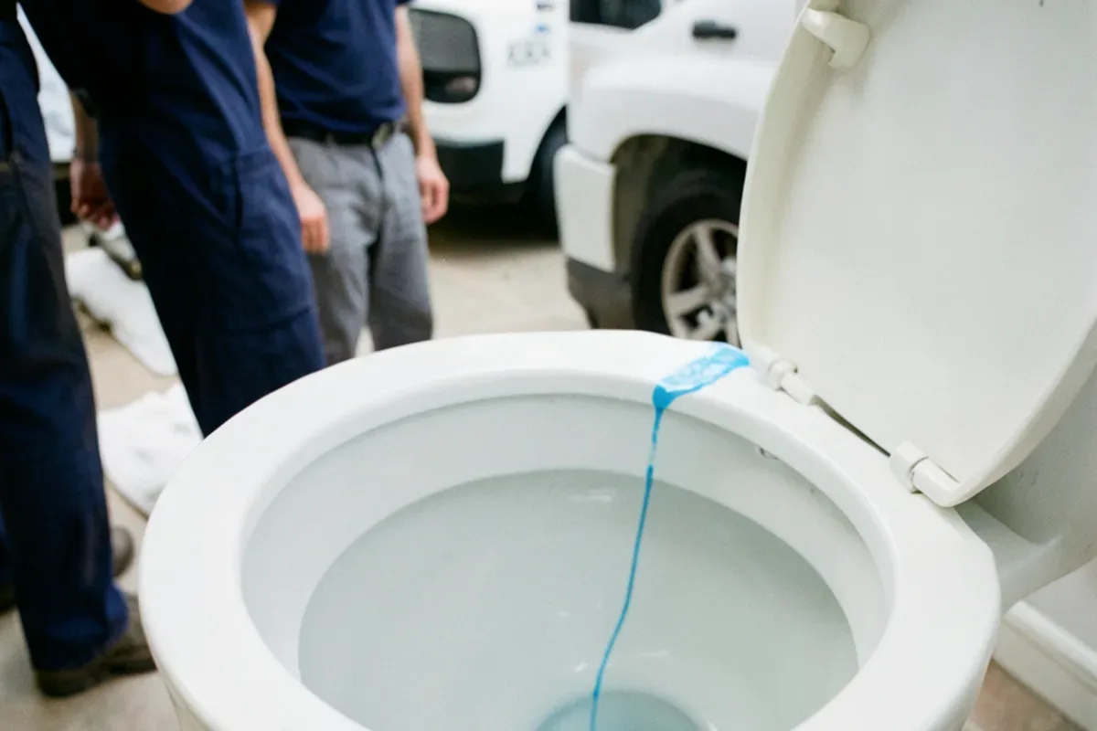 Blue dye seeping into a toilet bowl from the tank during a flapper leak test