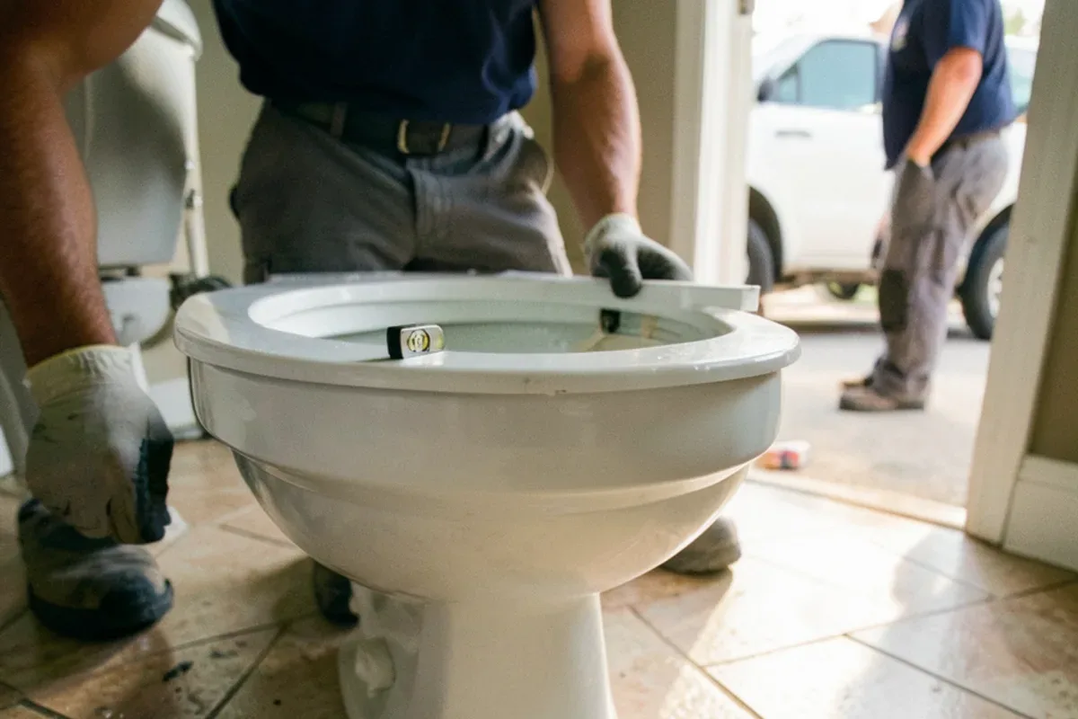 Plastic shims slid under the base of a newly set toilet on an uneven tile floor