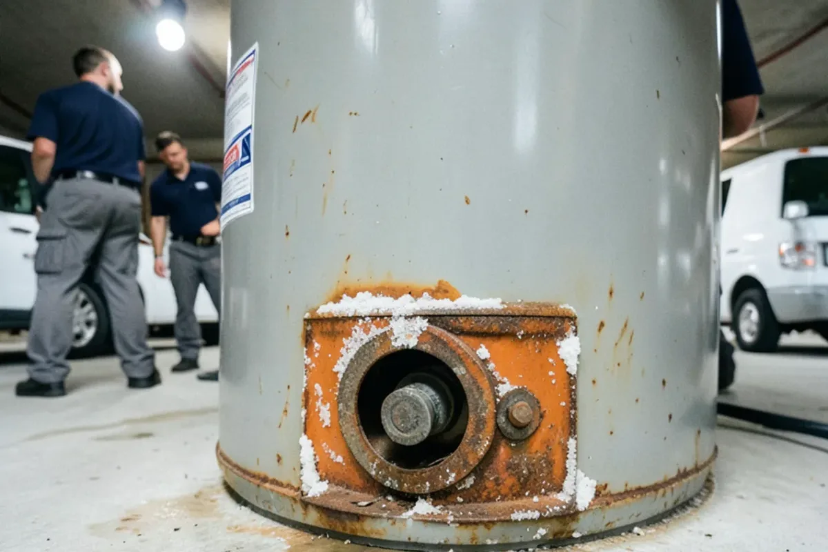 Rust and mineral crust around the base of an aging gas water heater
