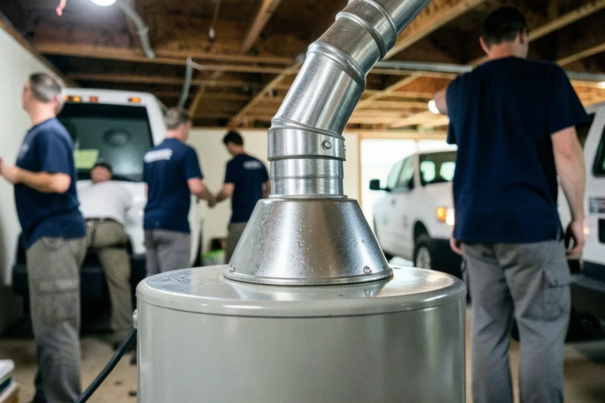 Draft hood and vent connector on top of a gas water heater rising to a chimney