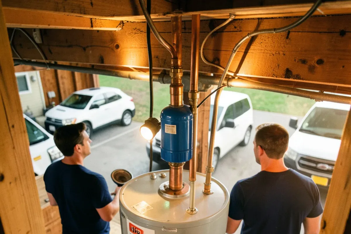 Small expansion tank mounted on the cold water line above a water heater
