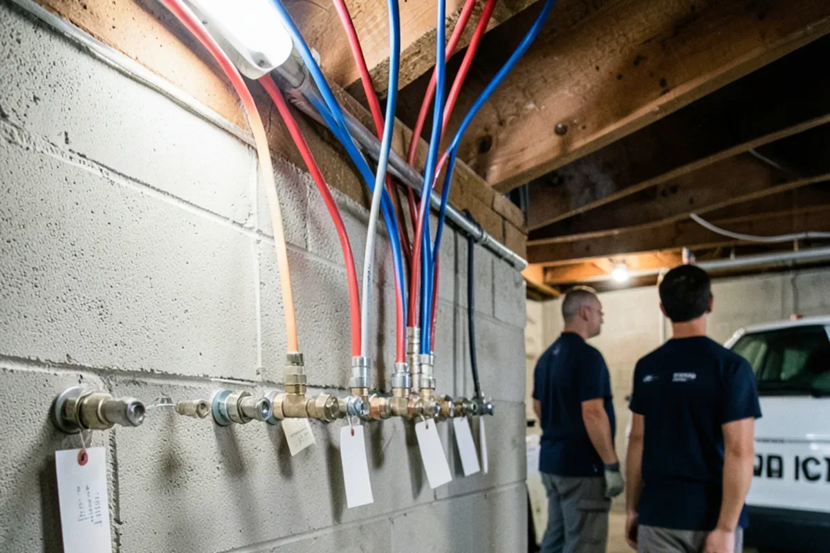 PEX manifold on a basement wall with a labeled shutoff for each fixture