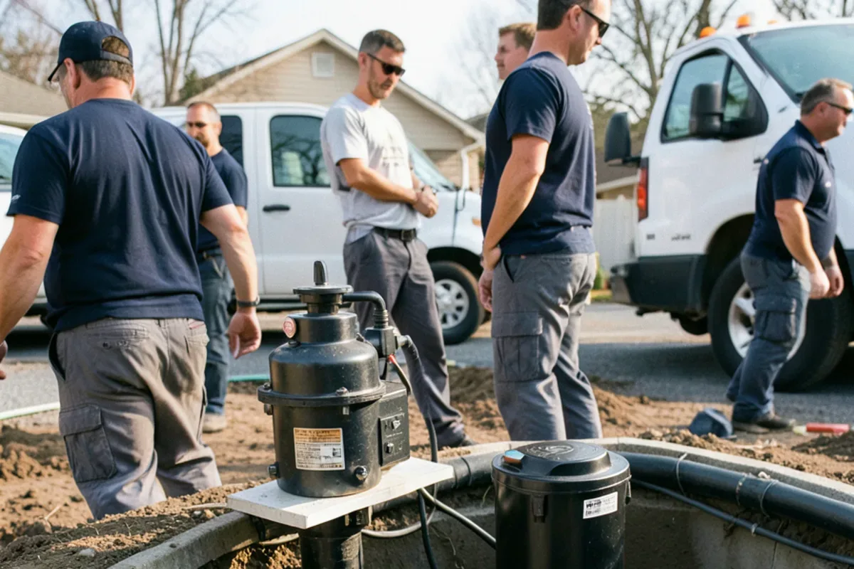Primary and battery backup sump pumps installed side by side in a sump pit