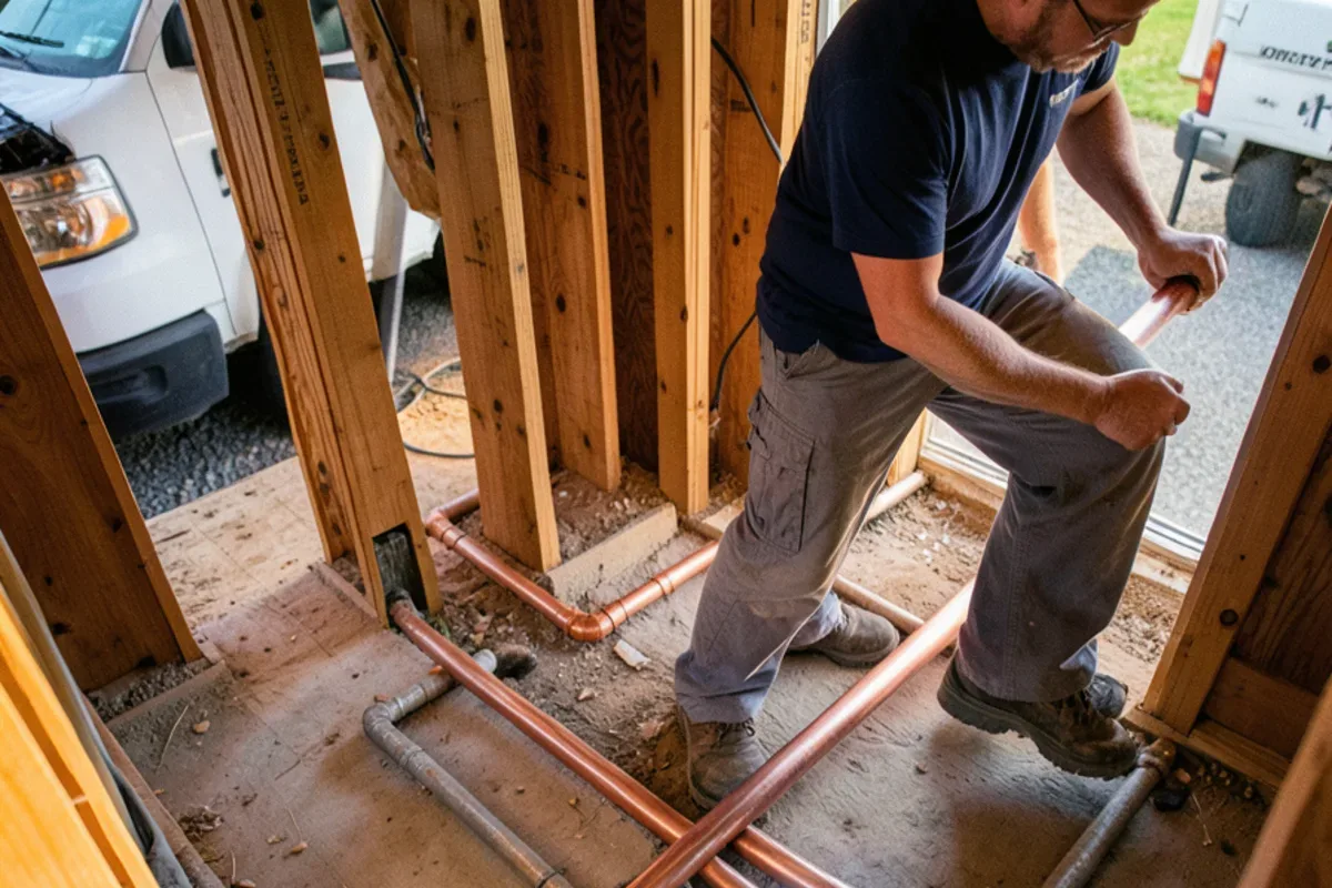 New copper and PEX supply lines replacing old galvanized pipe along basement joists
