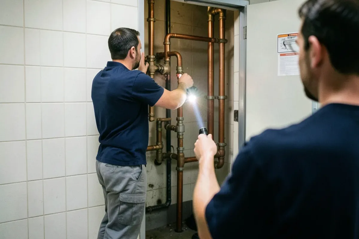 Commercial restroom plumbing chase with exposed supply risers and drain lines