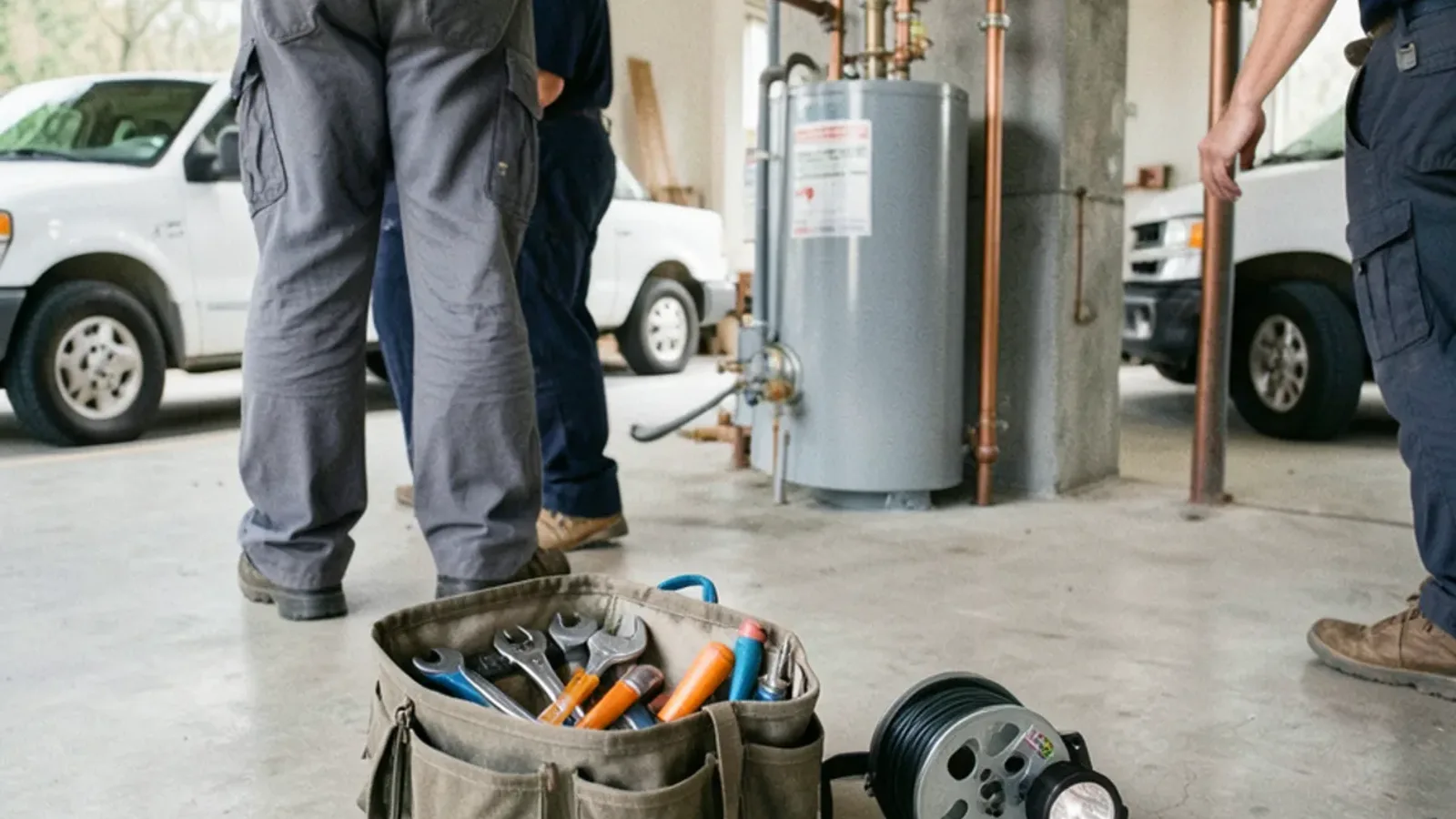 Plumber’s open tool bag and drain cable reel in a Warren basement utility room