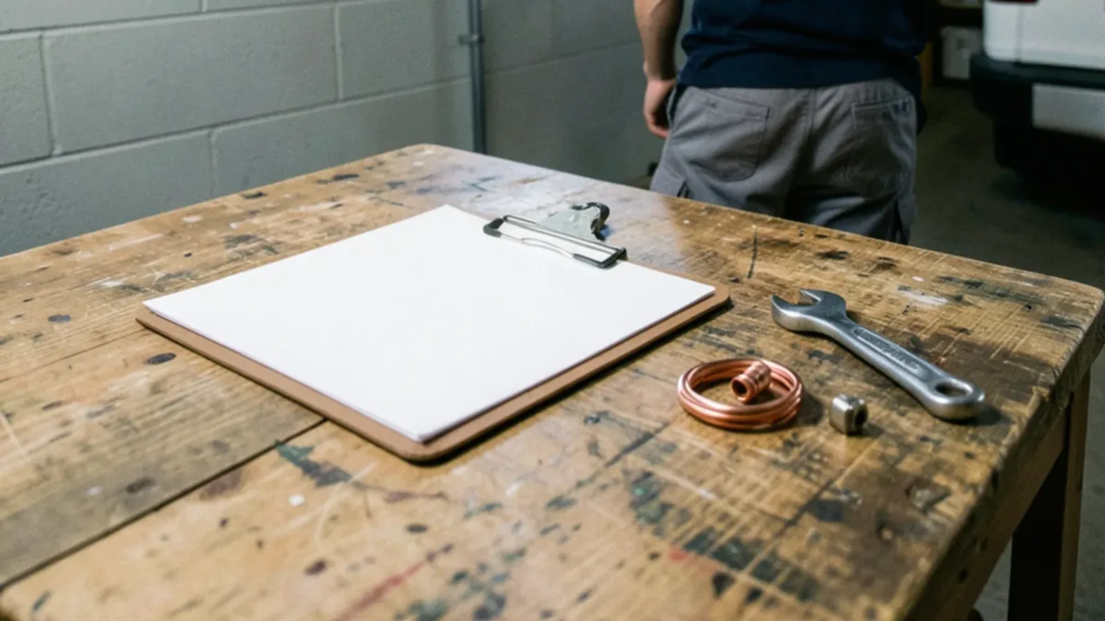 Clipboard with a blank work order on a basement workbench